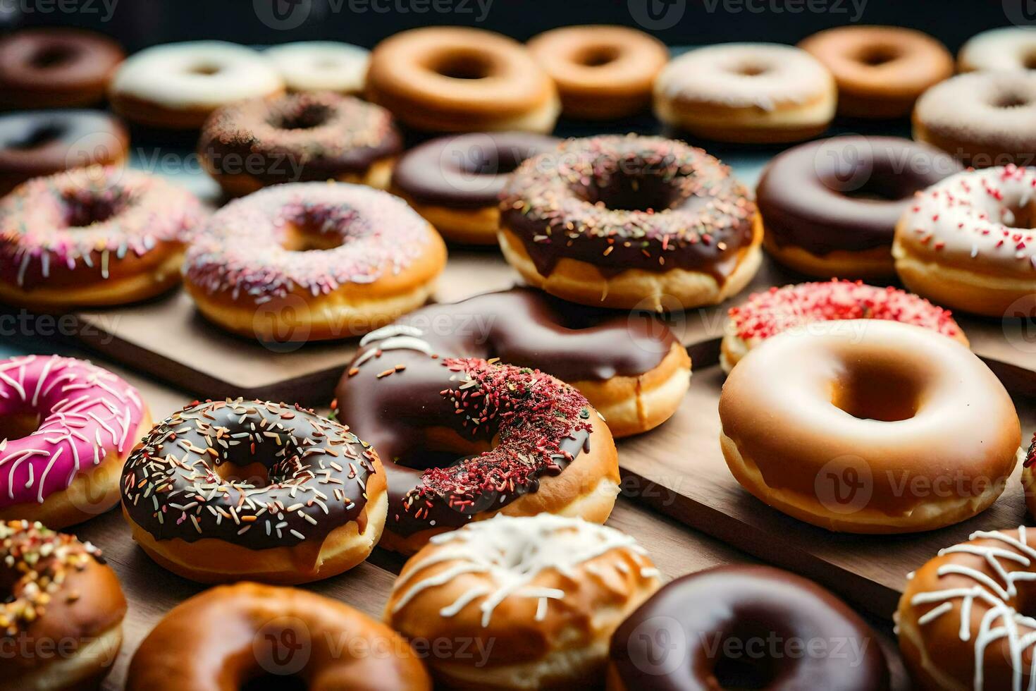 uma ampla número do rosquinhas estão em uma mesa. gerado por IA foto