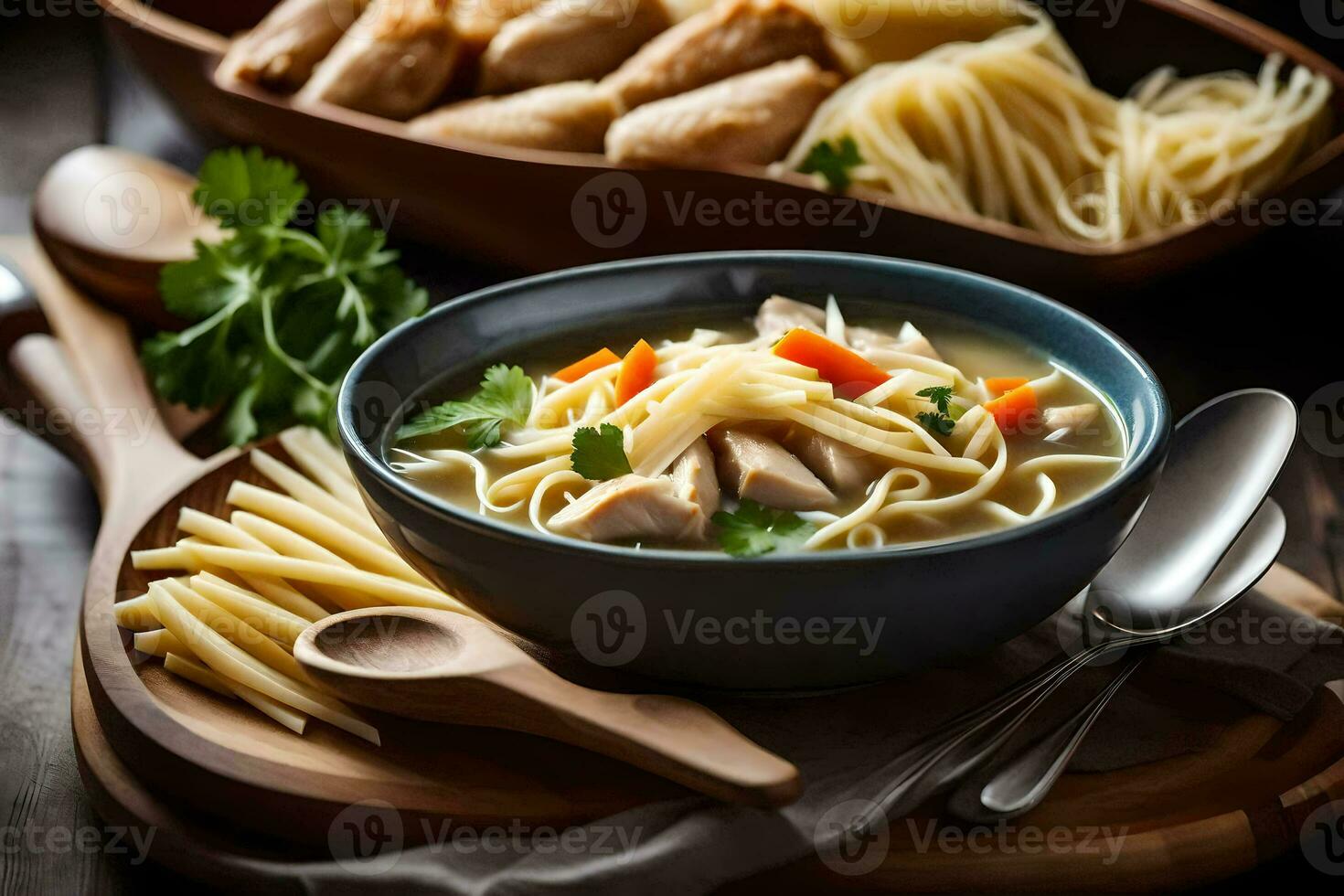 frango macarrão sopa dentro uma tigela com Macarrão e legumes. gerado por IA foto
