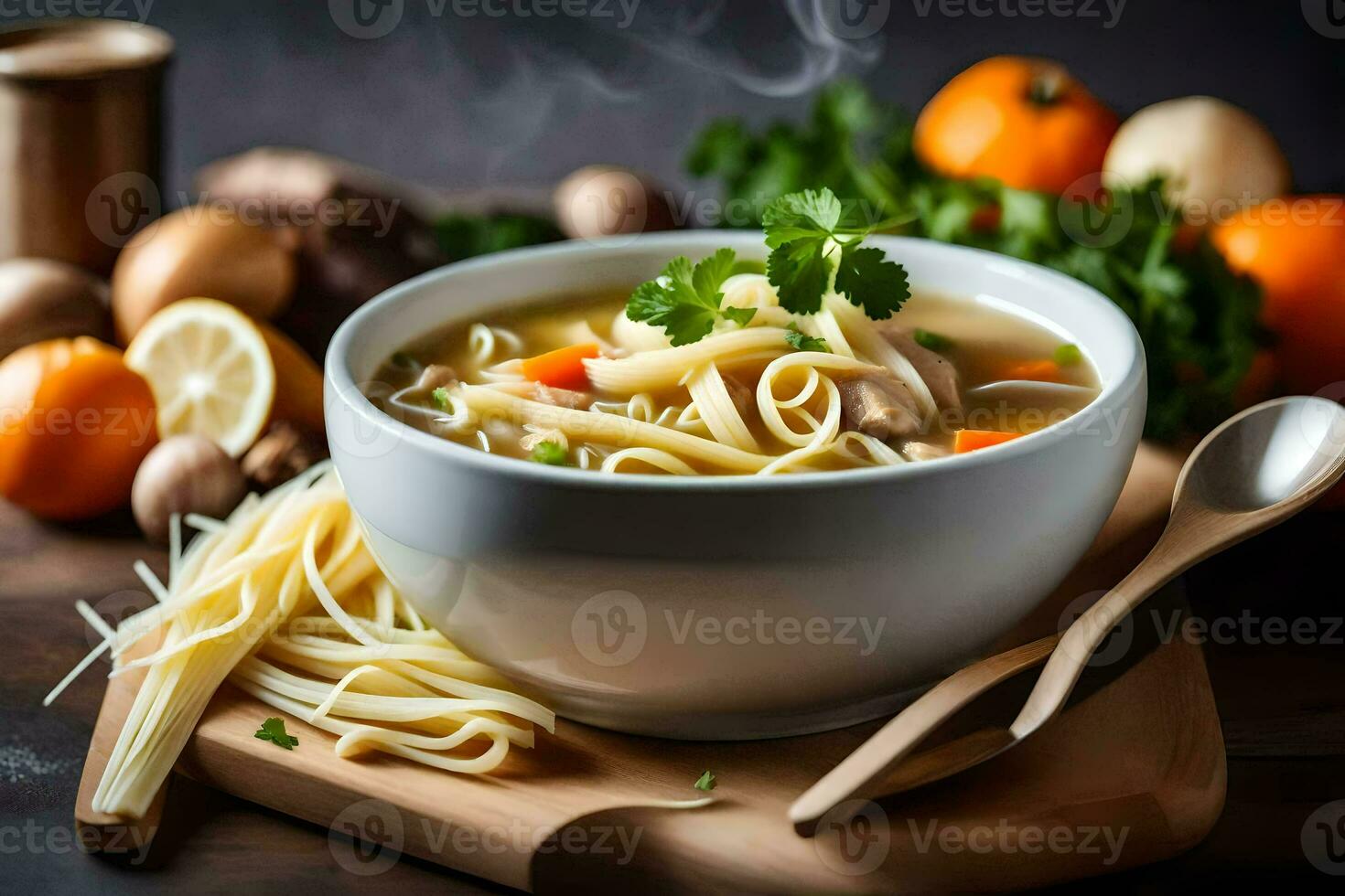 uma tigela do sopa com Macarrão e legumes. gerado por IA foto