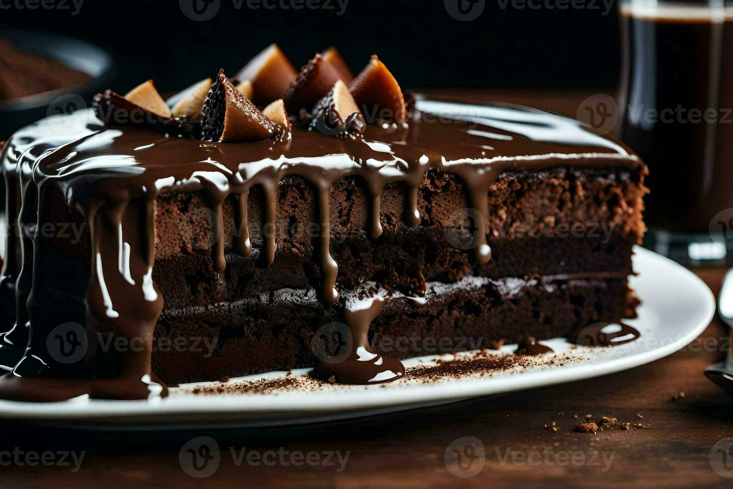 uma fatia do chocolate bolo em uma placa. gerado por IA foto