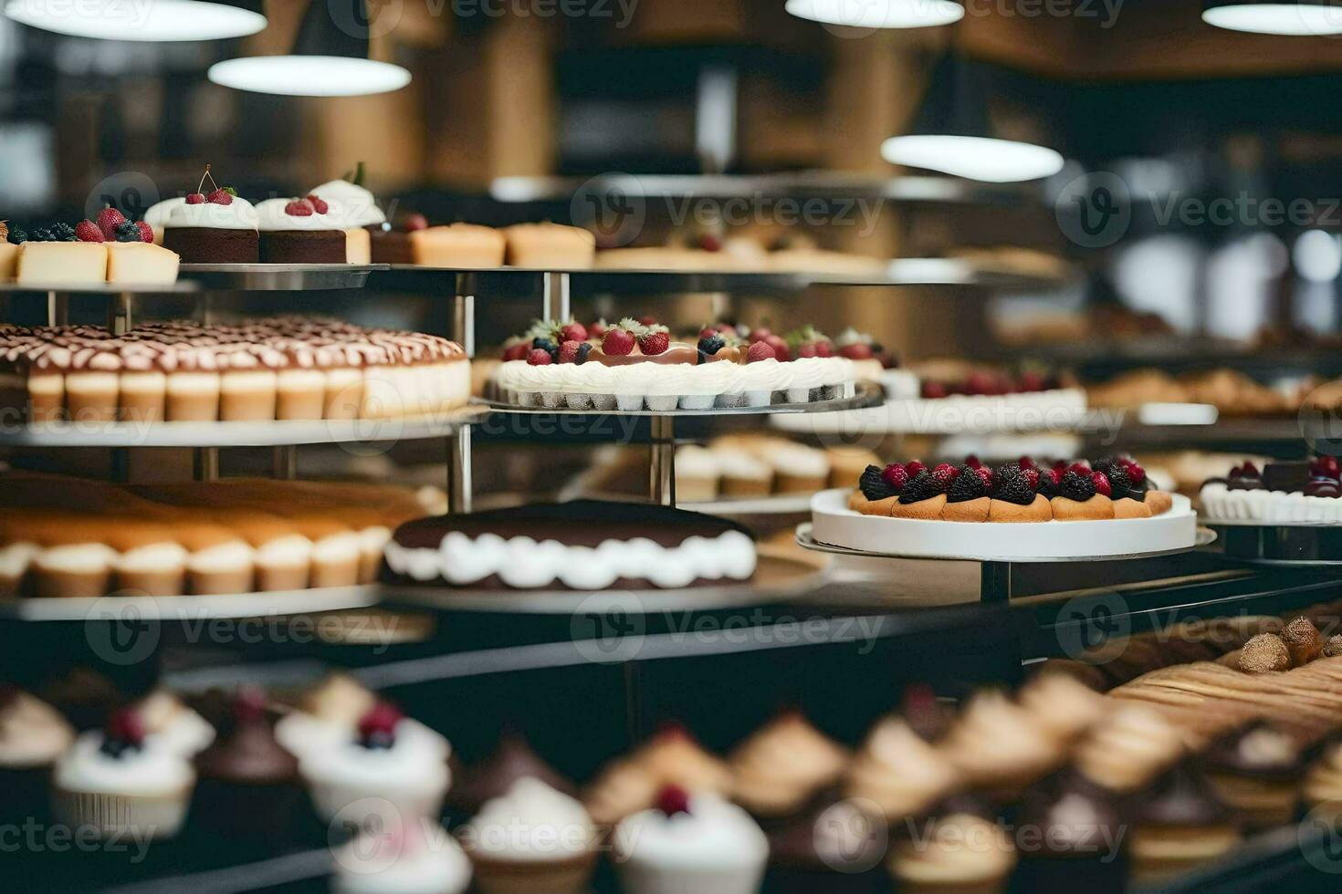 muitos diferente tipos do bolos estão em exibição dentro uma padaria. gerado por IA foto