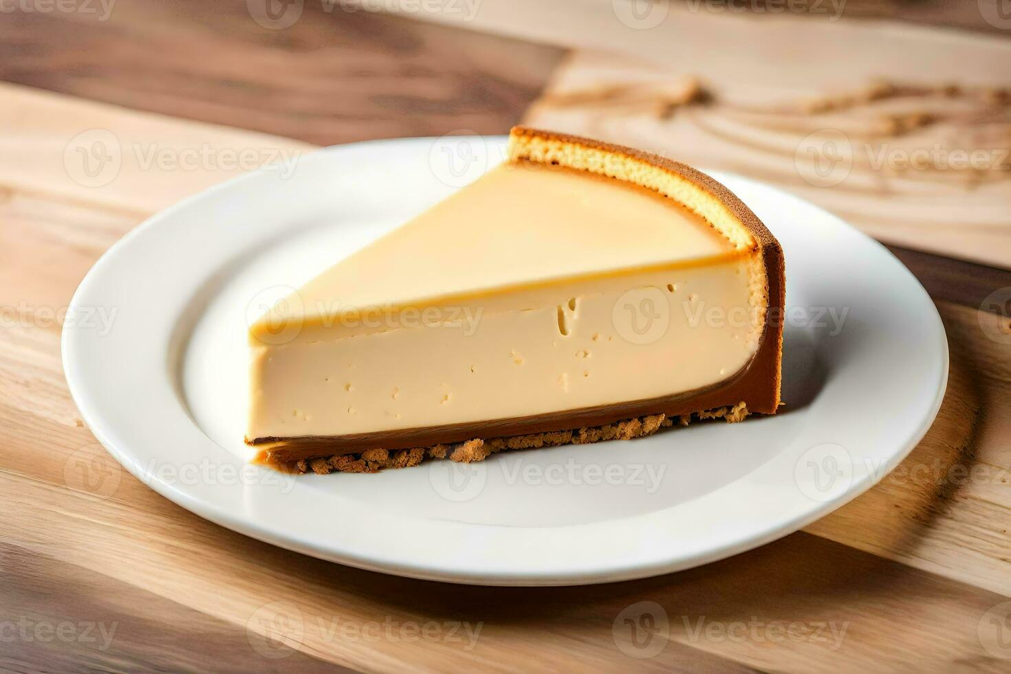 uma fatia do bolo de queijo em uma branco placa. gerado por IA foto