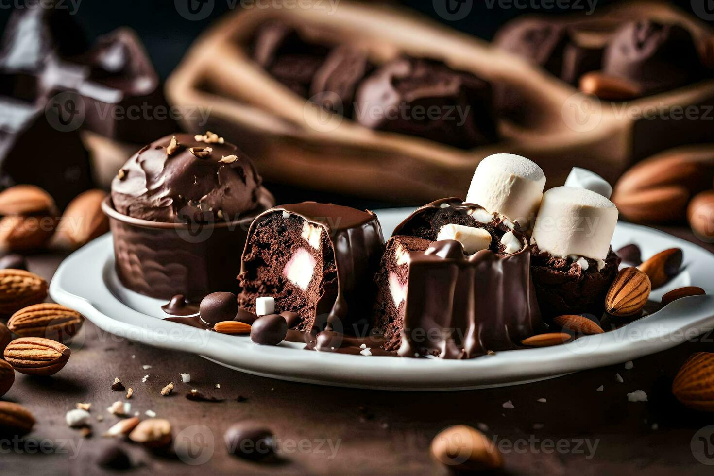 chocolate coberto amêndoas e marshmallows em uma placa. gerado por IA foto
