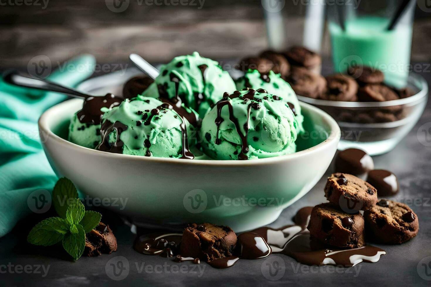 chocolate hortelã gelo creme dentro uma tigela com biscoitos e hortelã folhas. gerado por IA foto