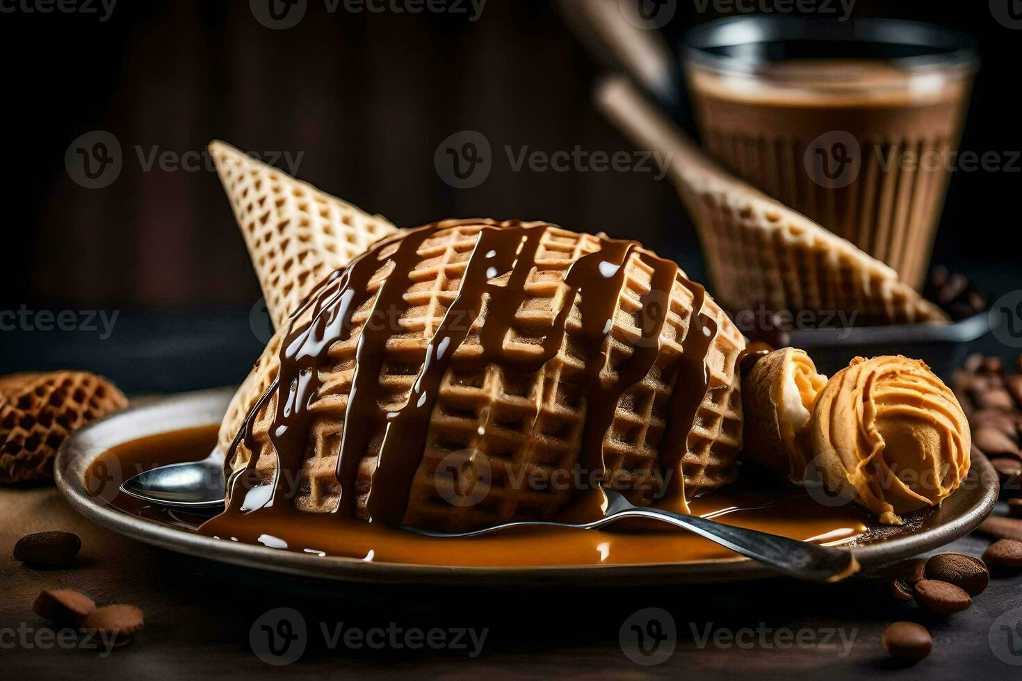 a waffle cone é coberto com caramelo molho e café feijões. gerado por IA foto