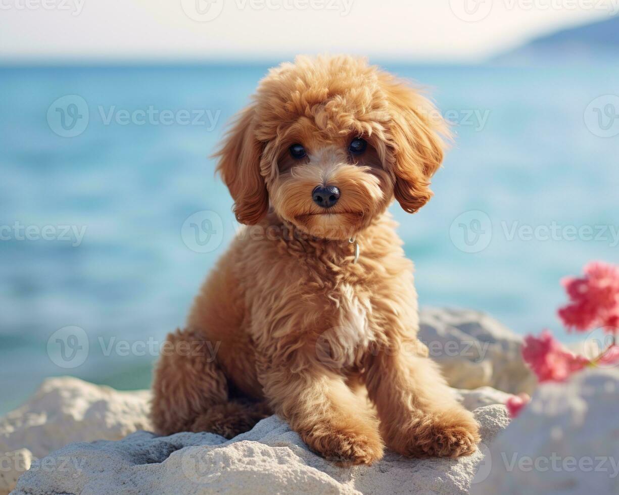 cachorro poodle sentado em a pedras perto a mar. foto