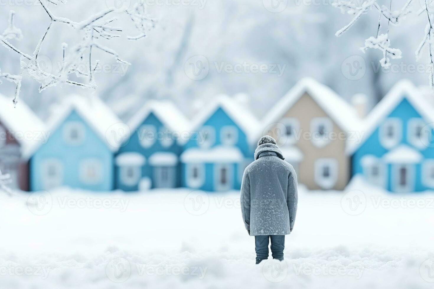 ai gerado uma triste homem carrinhos em uma rua dentro inverno em uma azul segunda-feira. ai gerado. foto