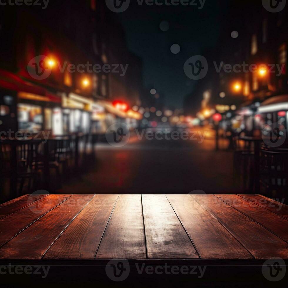 Sombrio esvaziar de madeira mesa e borrado cafeteria fundo frente Visão ai generativo foto