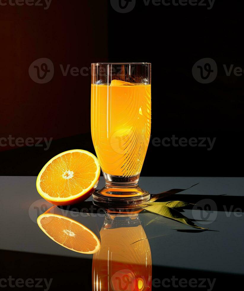 uma vidro do fresco laranja suco com uma limão fatia em Sombrio brilho do sol fundo frente Visão ai generativo foto
