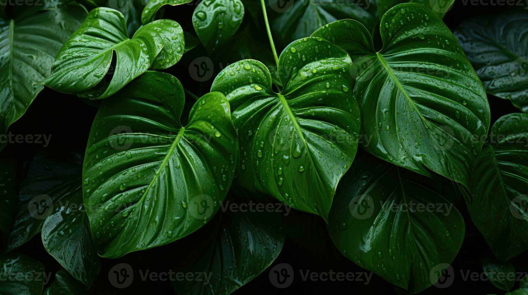 fundo com fechar-se Visão em tropical folhas dentro gotas verão papel de parede com selva floresta tropical molhado. ai generativo foto