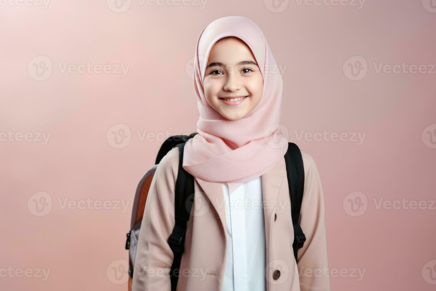 feliz escola aluno, árabe menina dentro hijab em isolado em estúdio fundo com cópia de espaço, costas para escola. ai generativo foto