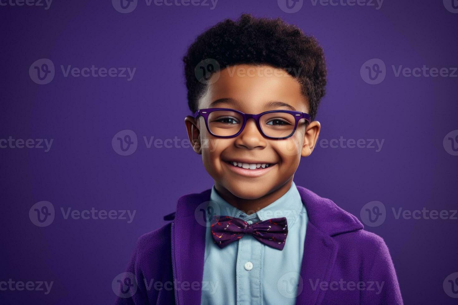 feliz escola aluno, afro-americano Garoto dentro óculos em isolado em estúdio fundo com cópia de espaço, costas para escola. ai generativo foto