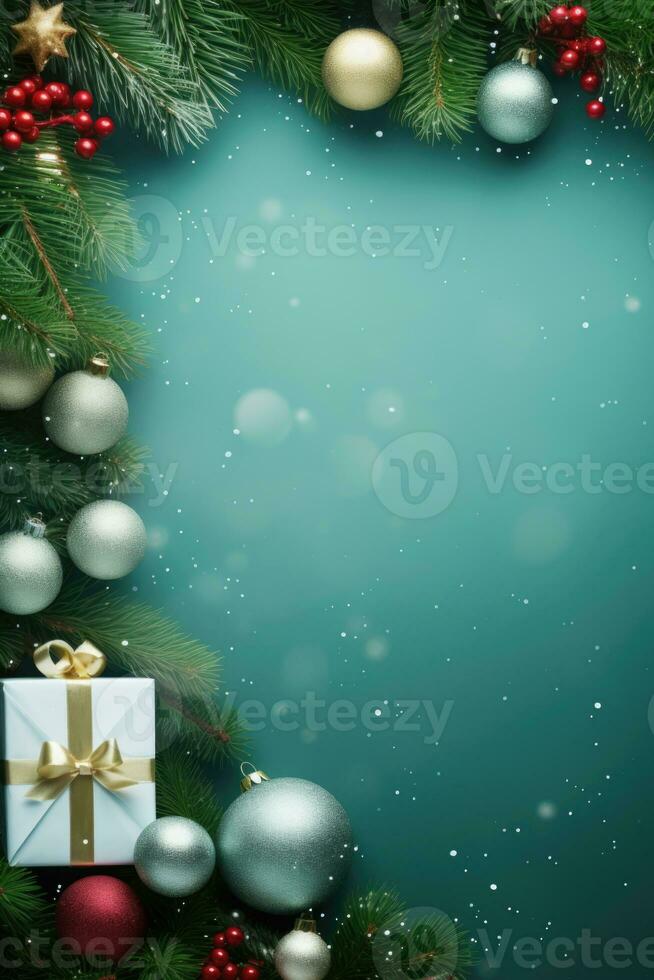 Natal quadro, Armação com natal árvore em verde tela de pintura fundo. alegre Natal cartão. inverno feriado tema. feliz Novo ano. espaço para texto. ai generativo foto