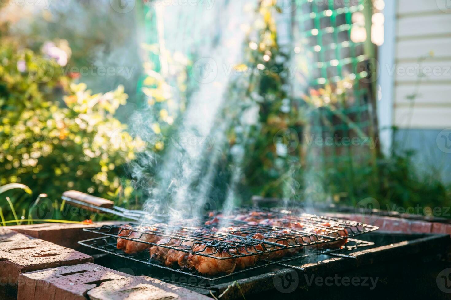 dourado Castanho grelhado frango carne é cozinhou em a grade ao ar livre foto