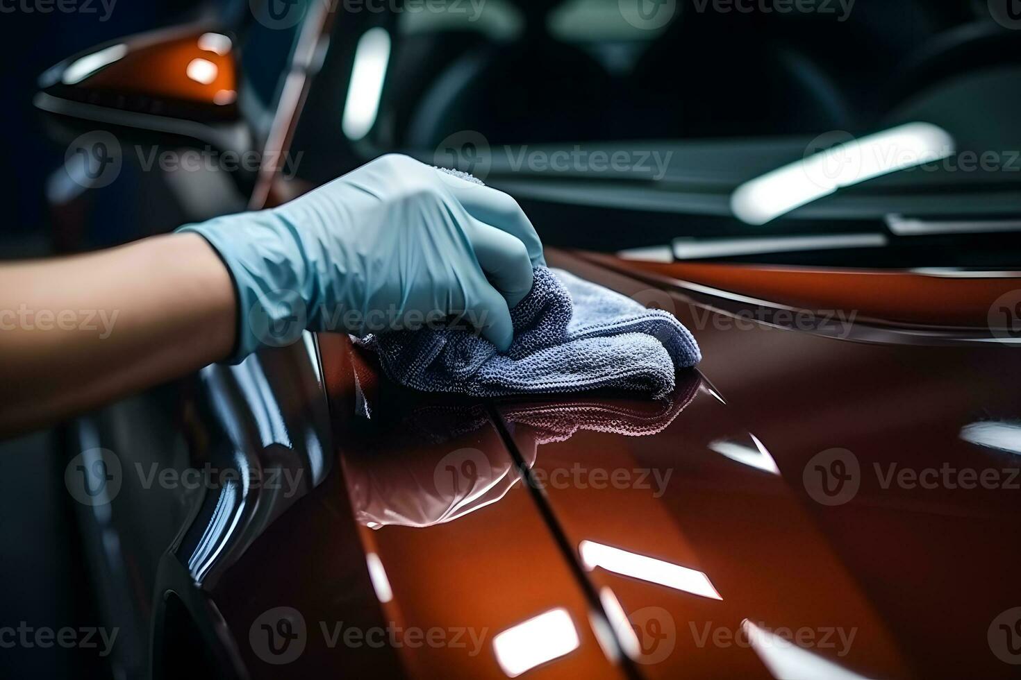 adesivo do uma protetora filme em a Farol do uma carro dentro uma carro detalhamento estúdio. neural rede ai gerado foto