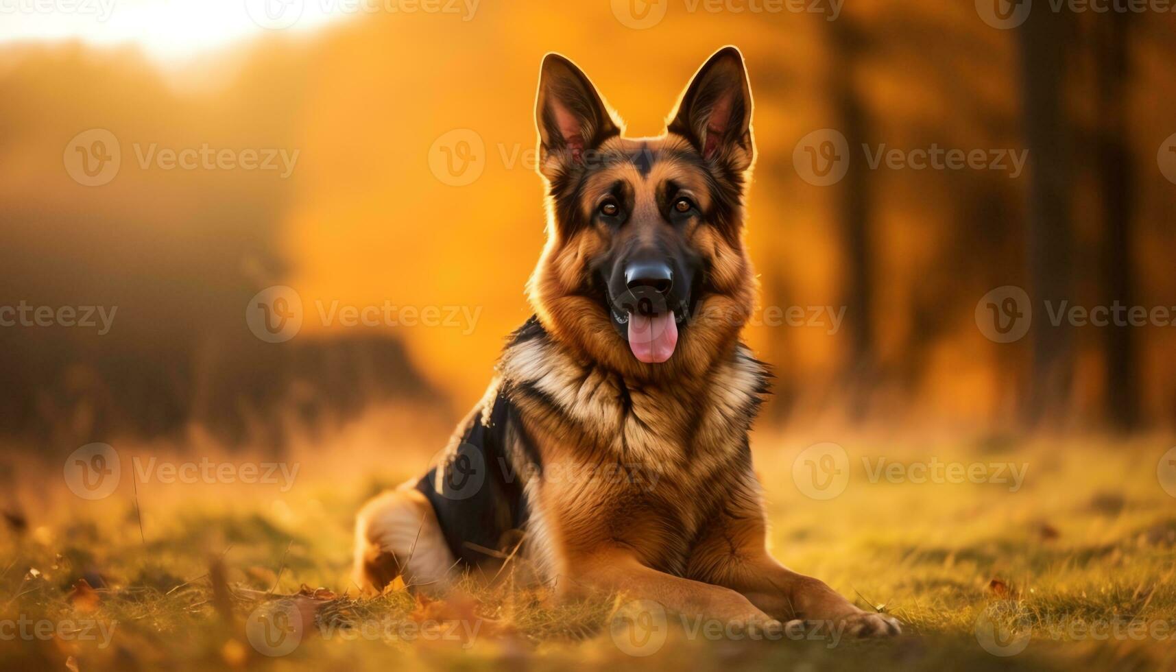 alemão pastor cachorro deitado dentro a Relva às pôr do sol ai gerado foto