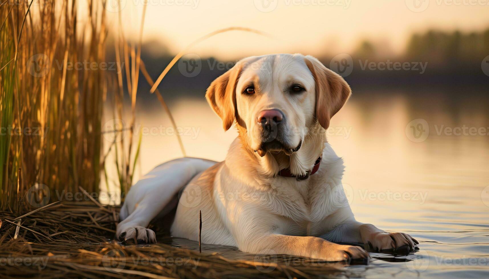 uma amarelo laboratório cachorro deitado dentro a Relva ai gerado foto