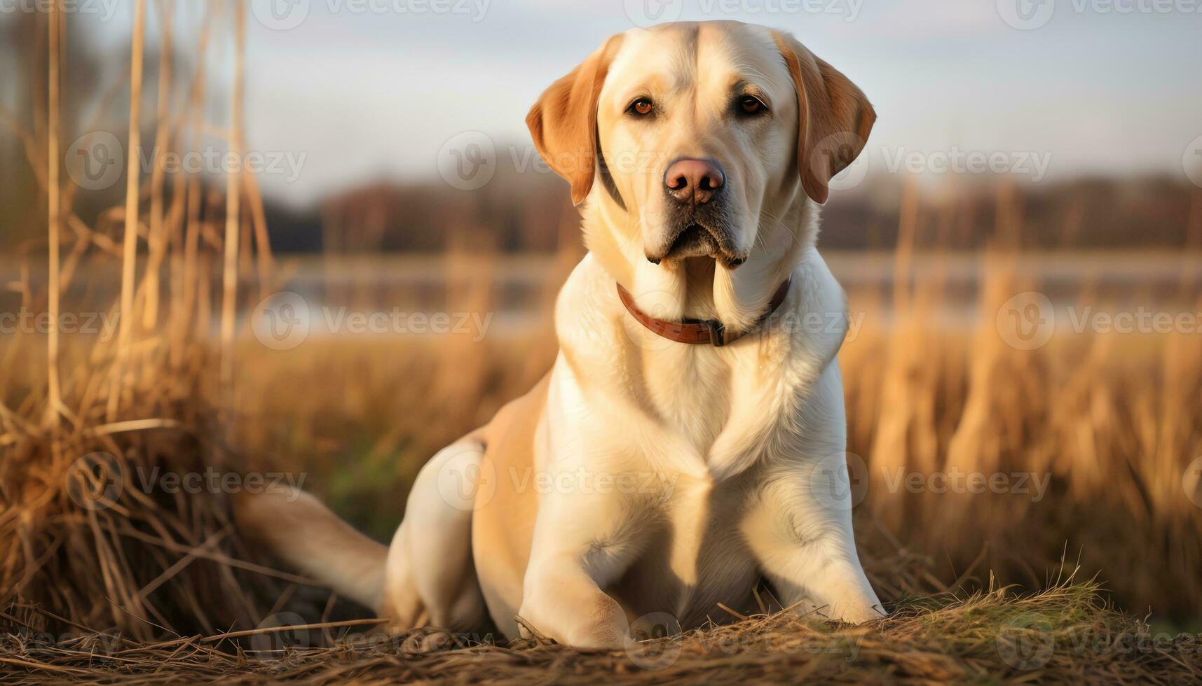 uma amarelo laboratório cachorro deitado dentro a Relva ai gerado foto