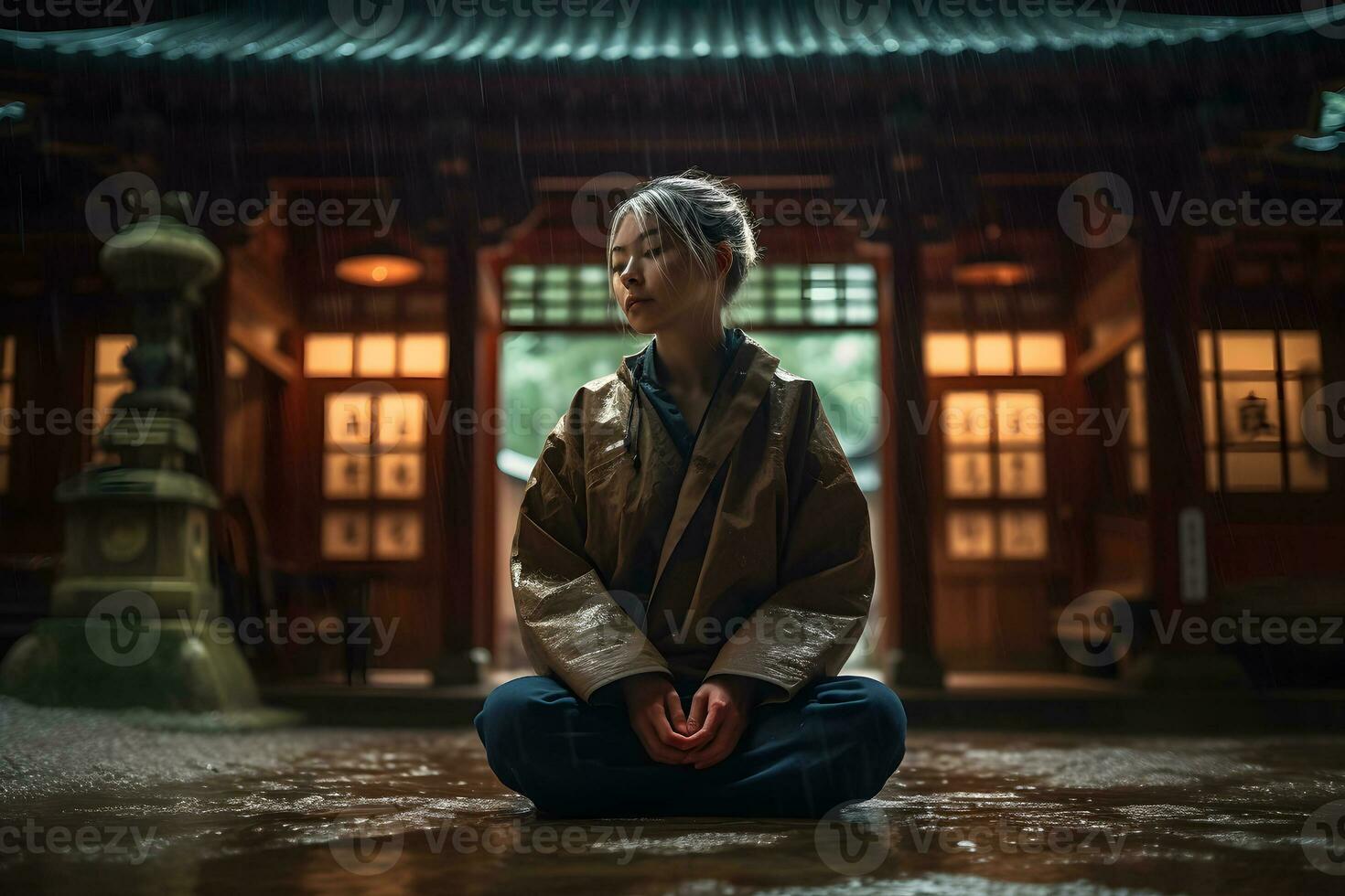 ásia mulher meditando dentro a têmpora dentro a chuva. neural rede ai gerado foto