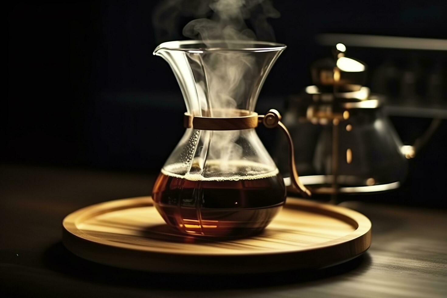 a alternativo café fermentação método é puro sobre, uma vidro chaleira em uma de madeira bandeja. generativo ai foto