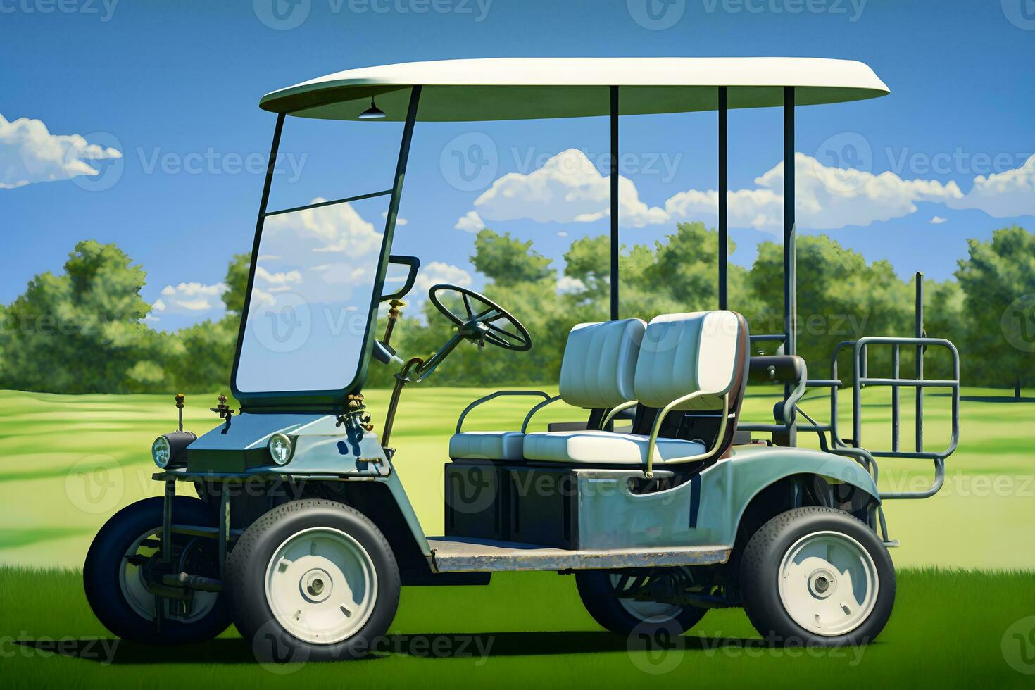 golfe carrinho ou carro em golfe curso. neural rede gerado arte foto