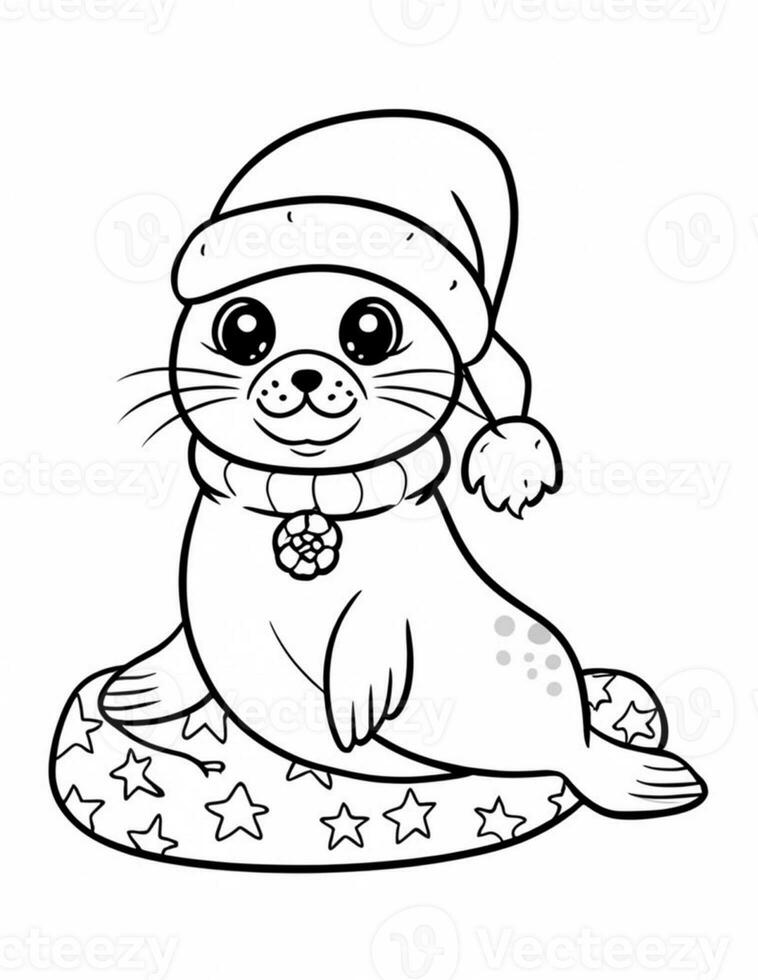gráficos do uma foca dentro uma papai noel chapéu, uma coloração livro para crianças para Natal foto
