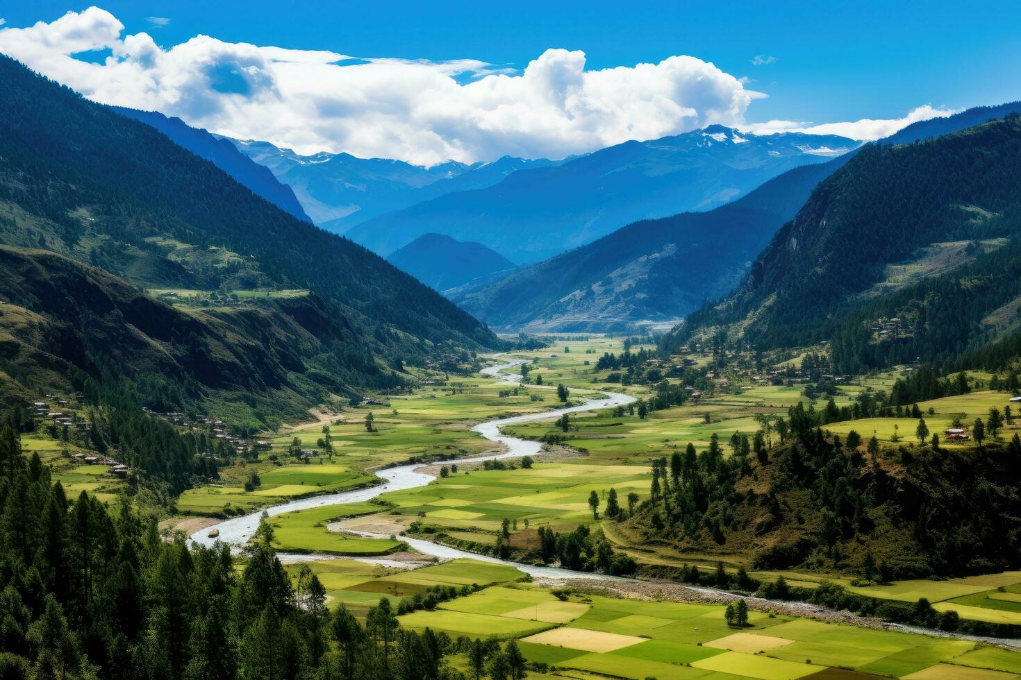 panorâmico Visão do a vale dentro a Himalaia, Nepal, panorama Visão do paro vale, Butão, ai gerado foto