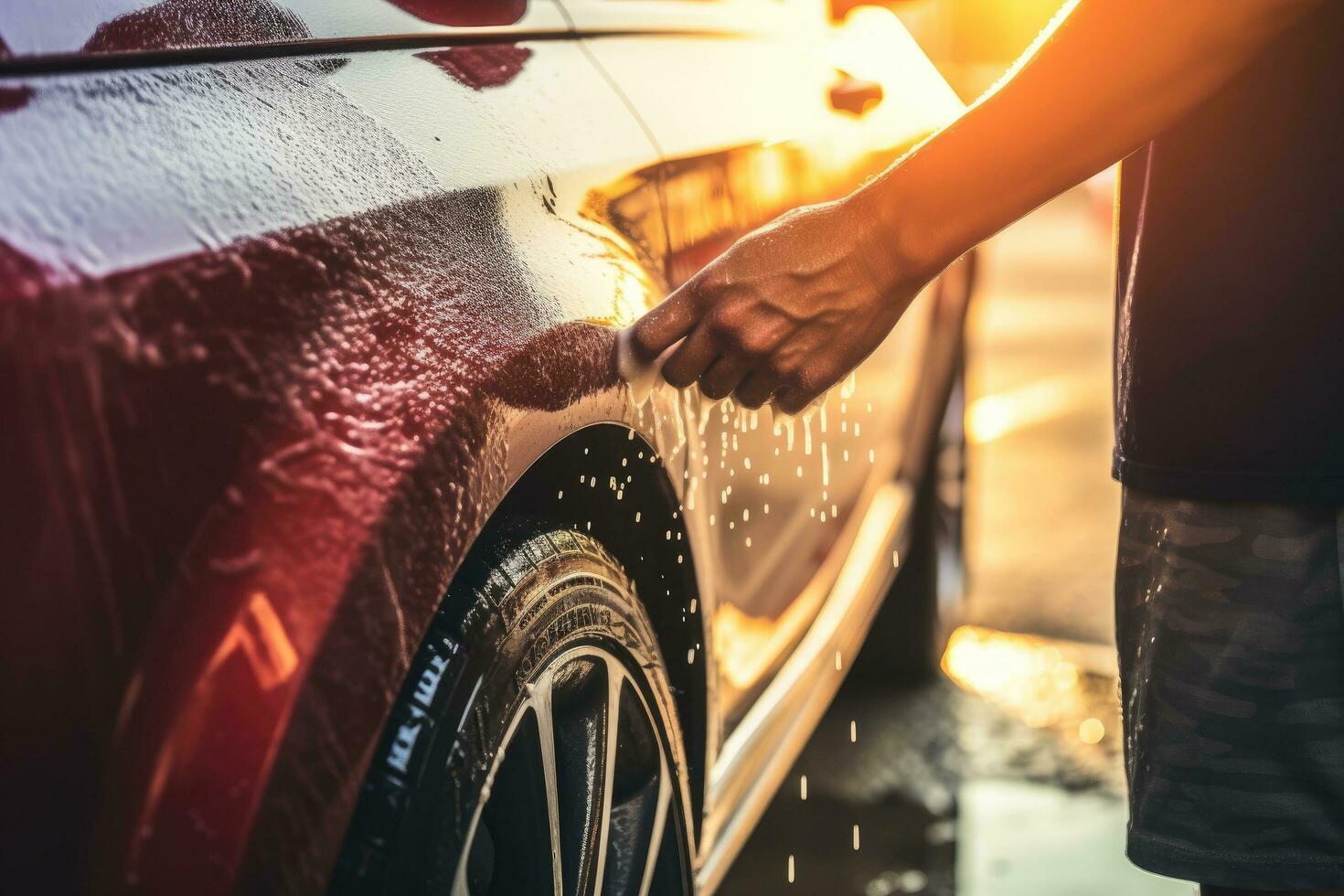 fechar acima do homem mão lavando carro com água às carro lavar, pessoas mão fechar acima limpeza carro com uma esponja às a carro lavar, ai gerado foto