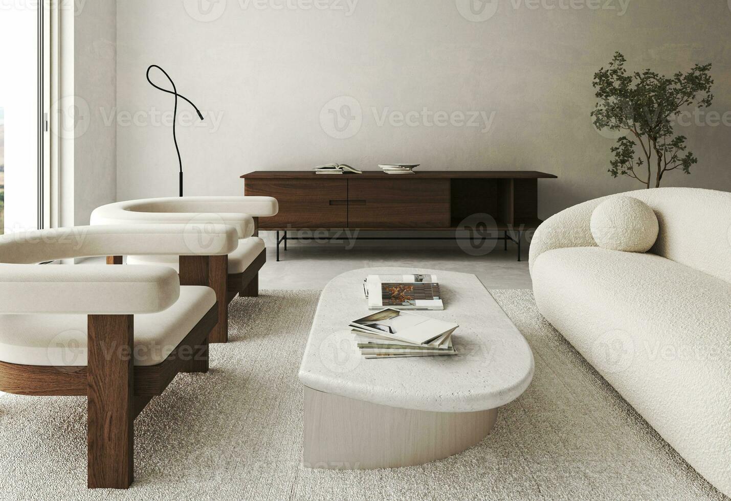 boho bege sala de estar com verde plantar e cadeira fundo. luz moderno japonês natureza interior. 3d Renderização. Alto qualidade 3d ilustração foto