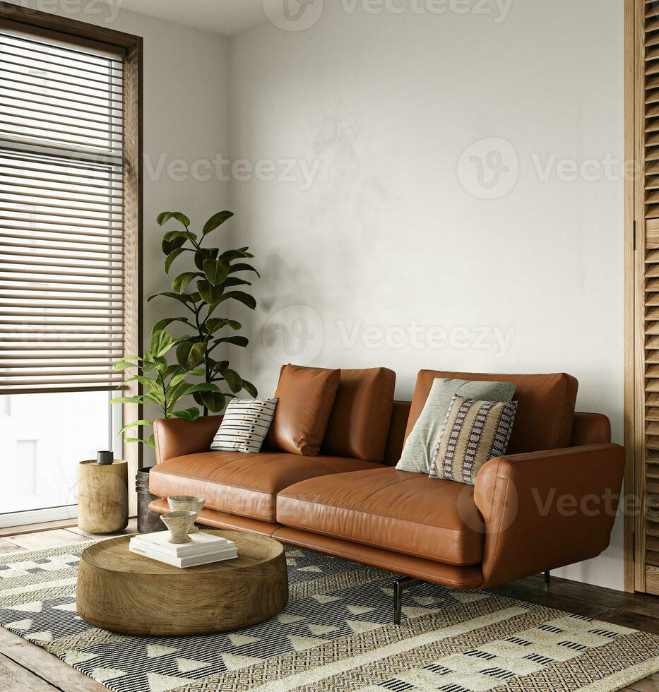 africano brilhante sala de estar com verde plantar, de madeira mobília e laranja sofá fundo. luz moderno japonês natureza interior. 3d Renderização. Alto qualidade 3d ilustração foto