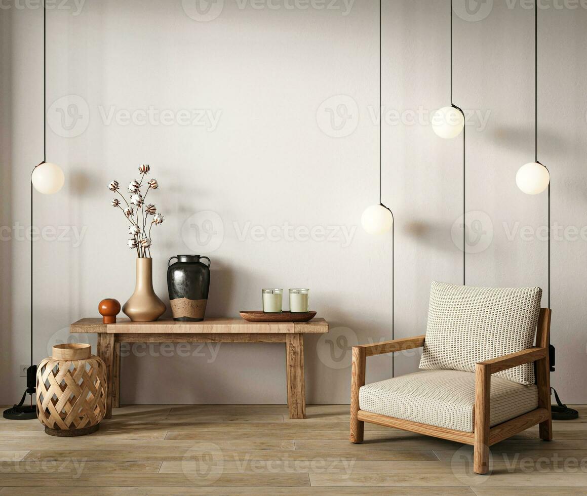 boho bege sala de estar com poltronas e lâmpadas fundo. luz moderno japonês natureza visualizar. 3d Renderização zombar acima. Alto qualidade 3d ilustração foto