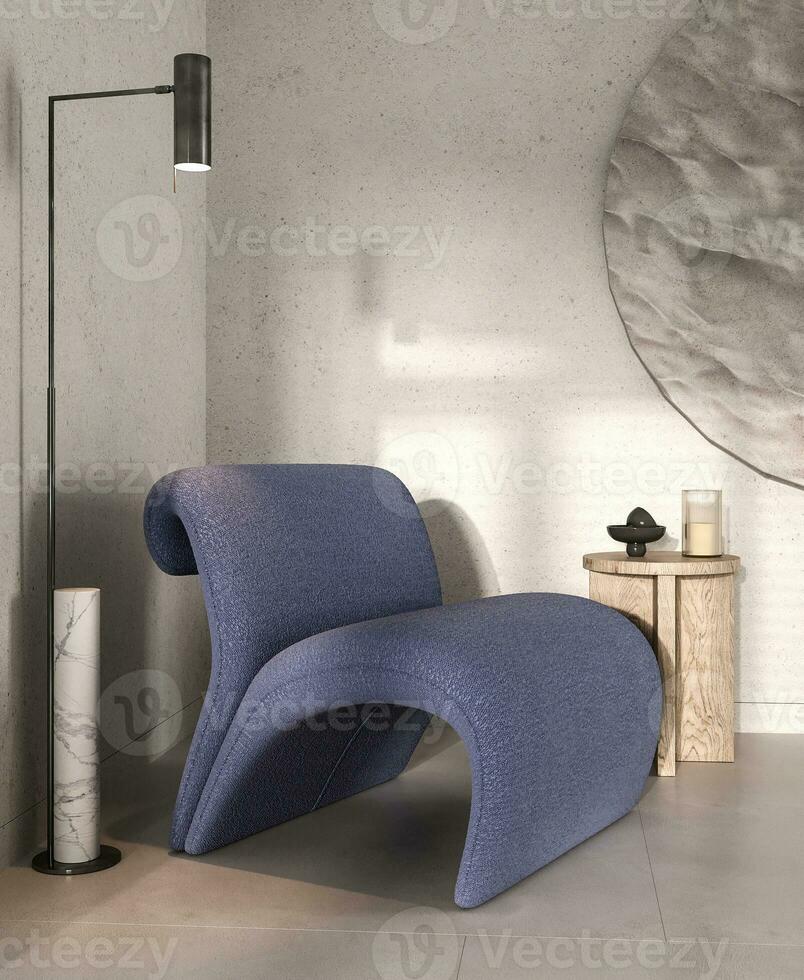moderno cinzento sala de estar com azul poltrona e Sol fundo. Sombrio moderno natureza visualizar. 3d Renderização. Alto qualidade 3d ilustração foto