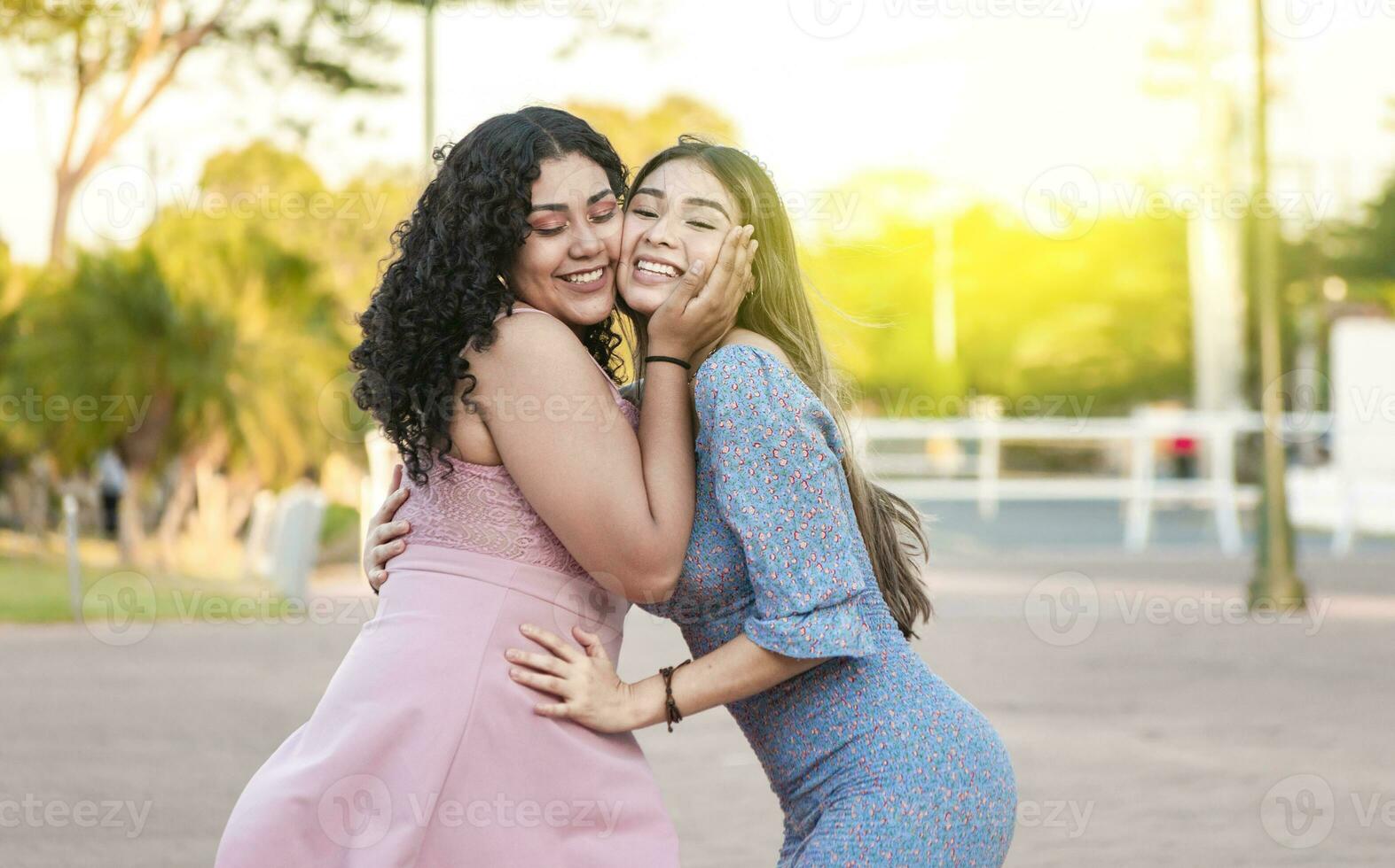 dois fêmea amigos abraçando dentro frente ao ar livre, menina amigos abraçando e desfrutando vida, mulheres amizade conceito foto