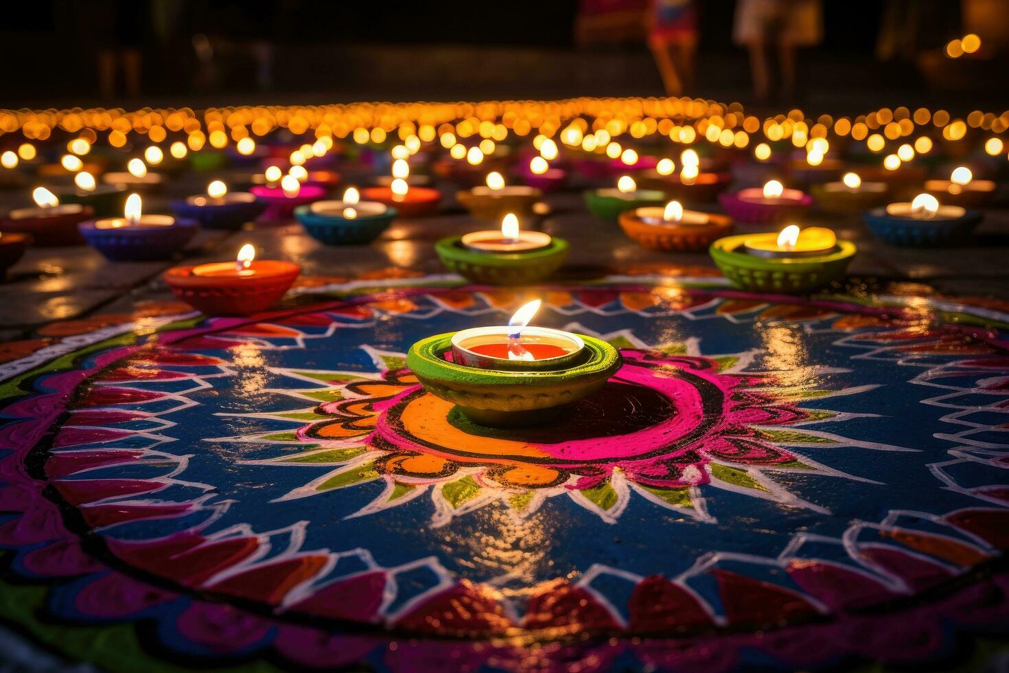 colorida diya lâmpadas aceso durante diwali celebração dentro Índia, óleo lâmpadas aceso em colorida rangoli durante diwali celebração, ai gerado foto