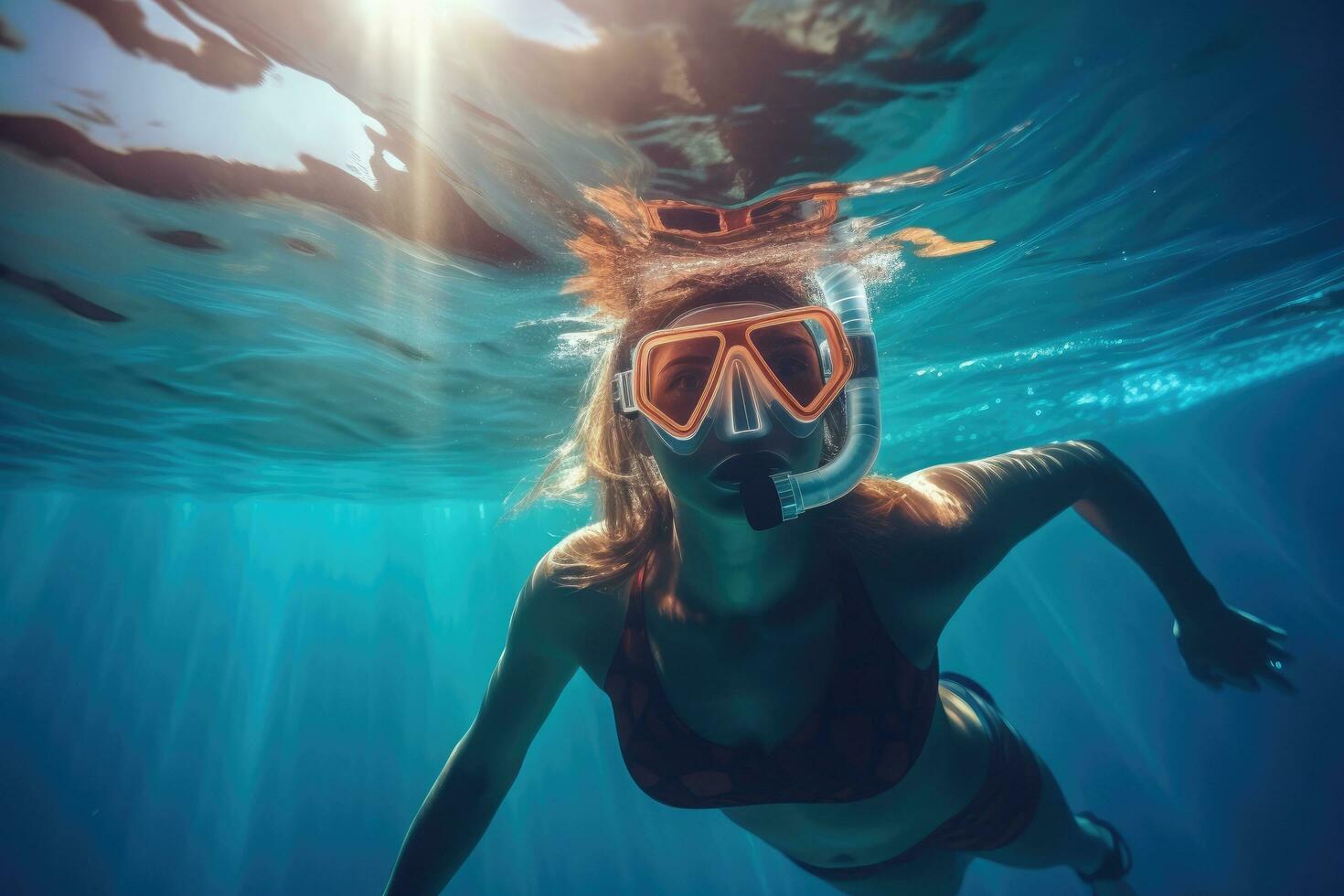 jovem mulher snorkeling embaixo da agua dentro a mar. saudável estilo de vida conceito, embaixo da agua fundo do uma mulher snorkeling e fazendo mergulho livre. esporte aquático atividade dentro verão Férias, ai gerado foto