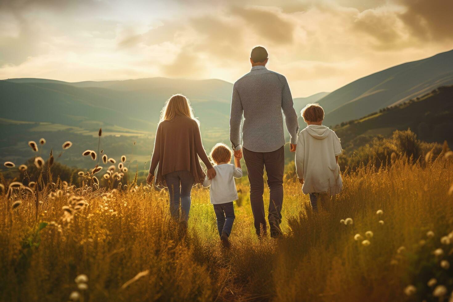 feliz família caminhando dentro a montanhas às pôr do sol. pai, mãe e crianças, traseiro Visão do família caminhando em campo natureza união conceito, ai gerado foto