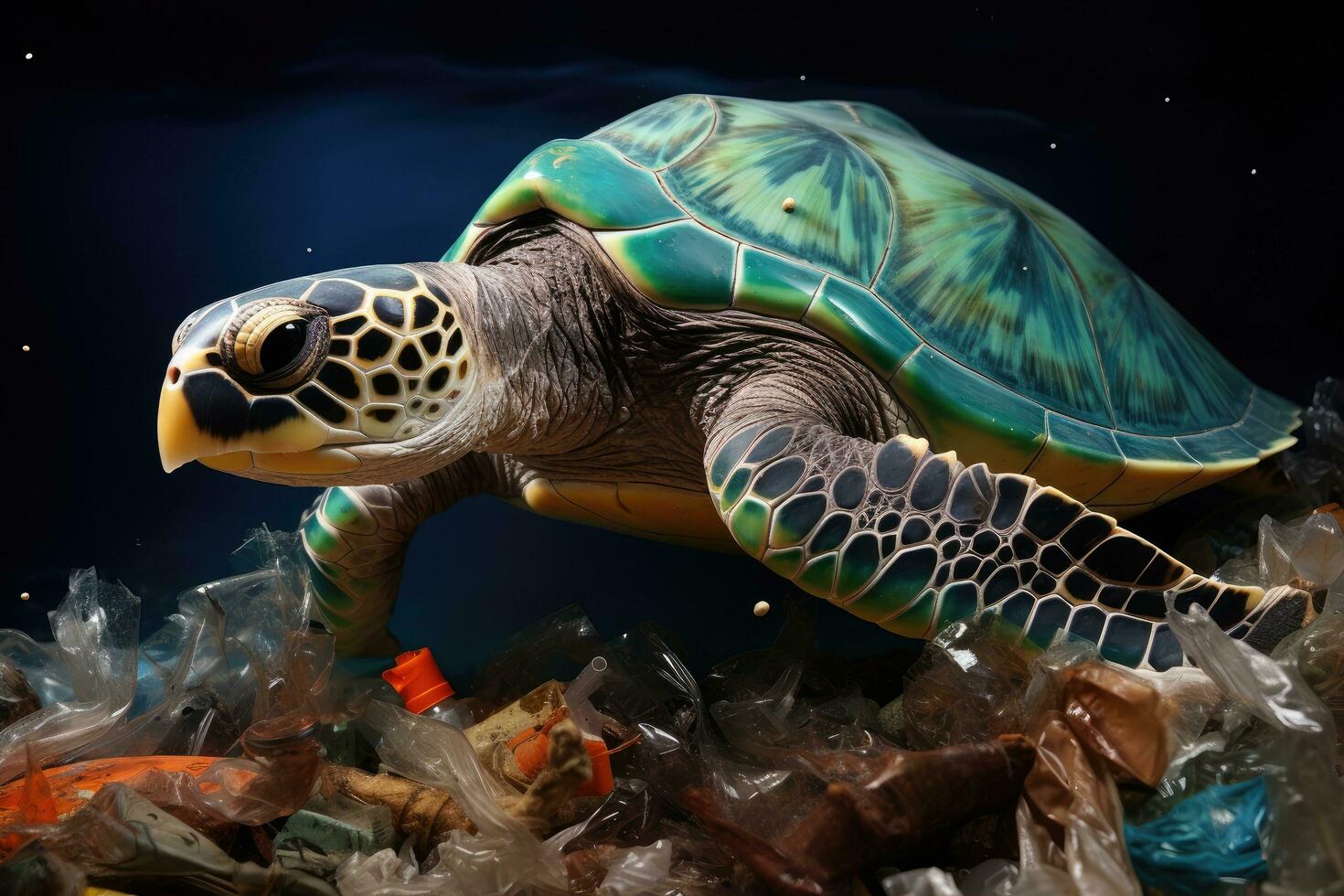 verde mar tartaruga dentro plástico Lixo despejo em Sombrio fundo. poluição conceito, retratar a devastador efeitos do plástico poluição em marinho vida, enfatizando a precisar para, ai gerado foto