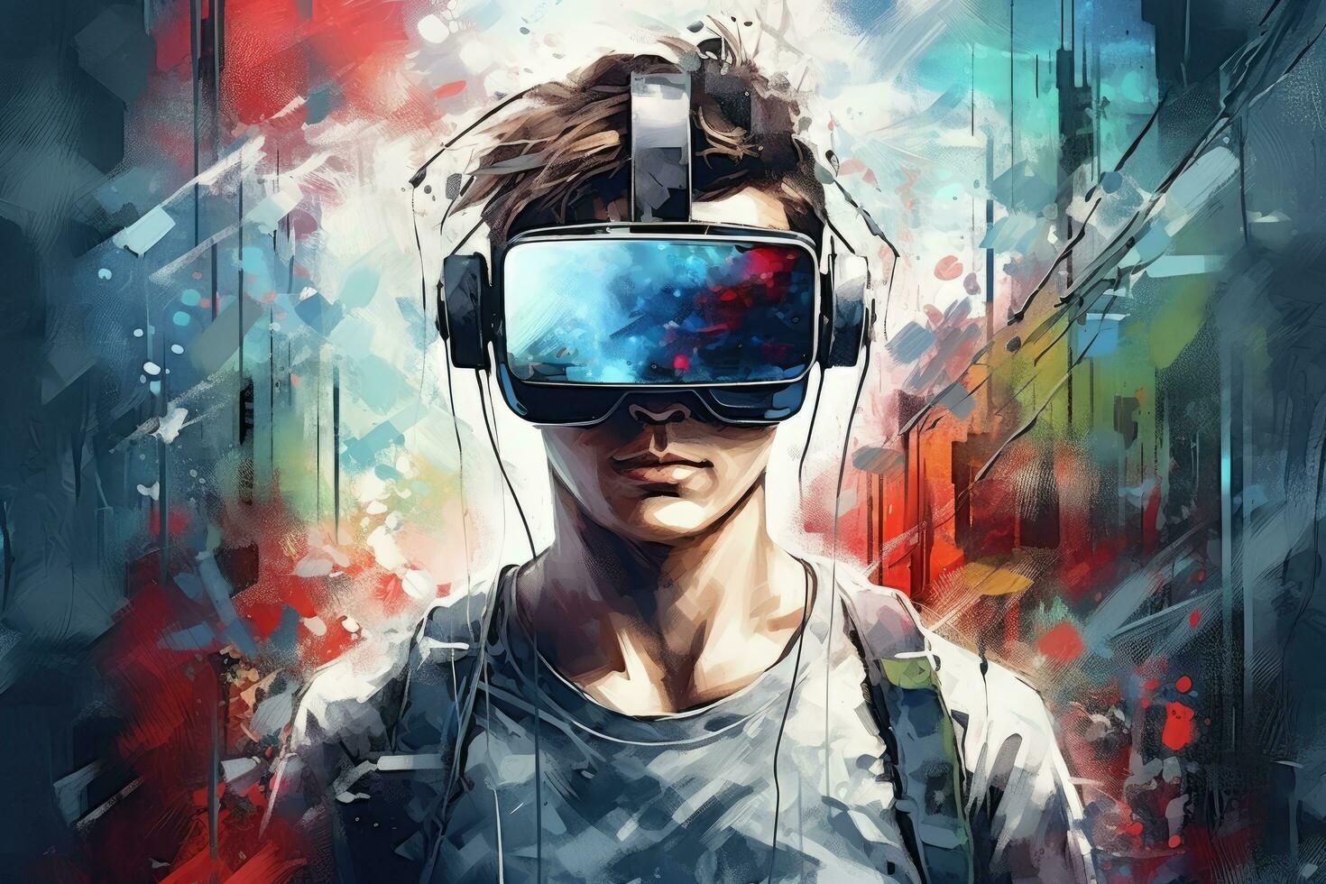 digital pintura do uma jovem homem vestindo virtual realidade óculos dentro frente do uma prédio, jovem homem traseiro Visão com virtual realidade fone de ouvido ou 3d óculos. misturado meios de comunicação, ai gerado foto