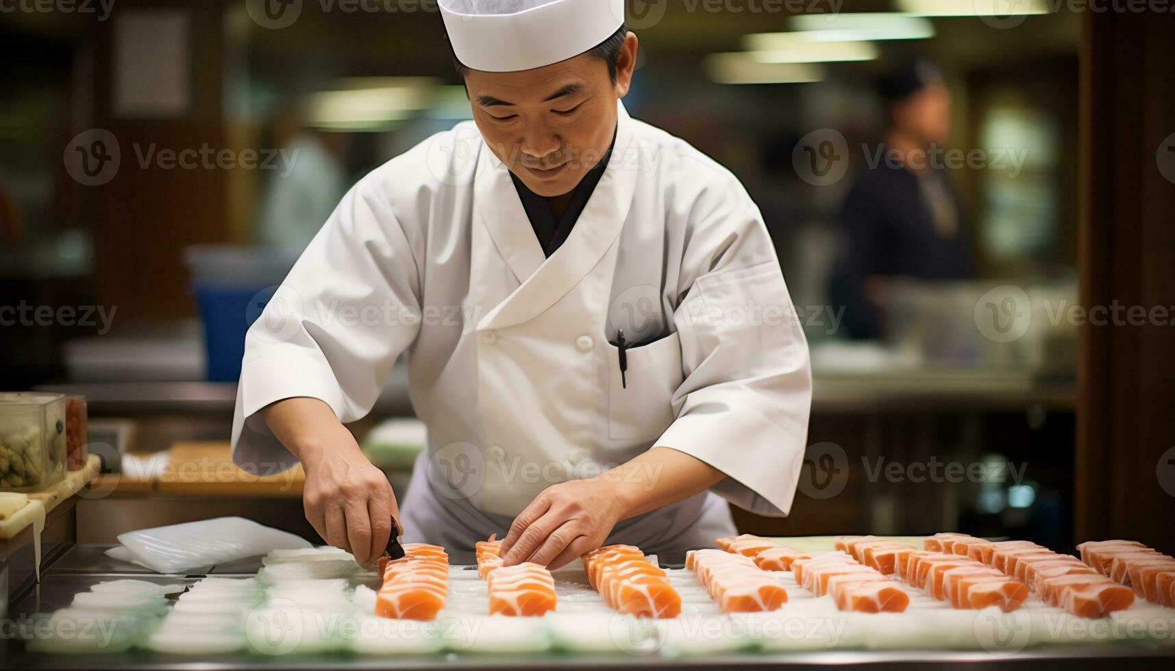 uma chefe de cozinha é preparando Sushi em uma corte borda ai gerado foto