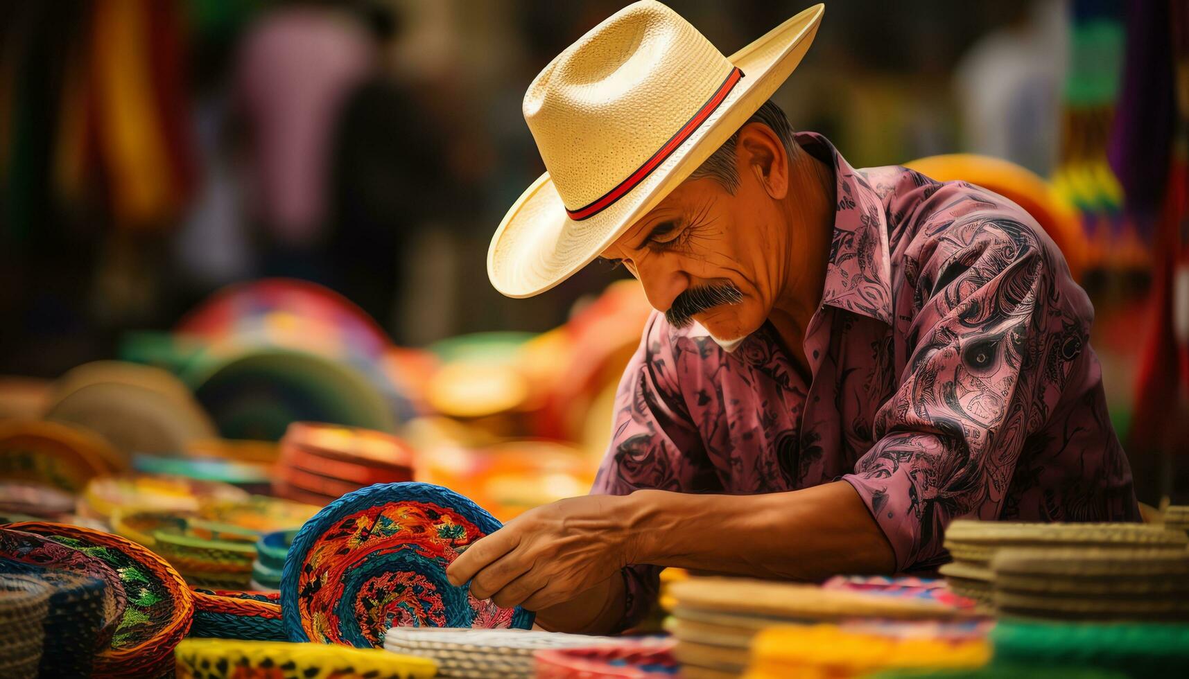 uma homem dentro uma chapéu é trabalhando em uma mesa com colorida chapéus ai gerado foto