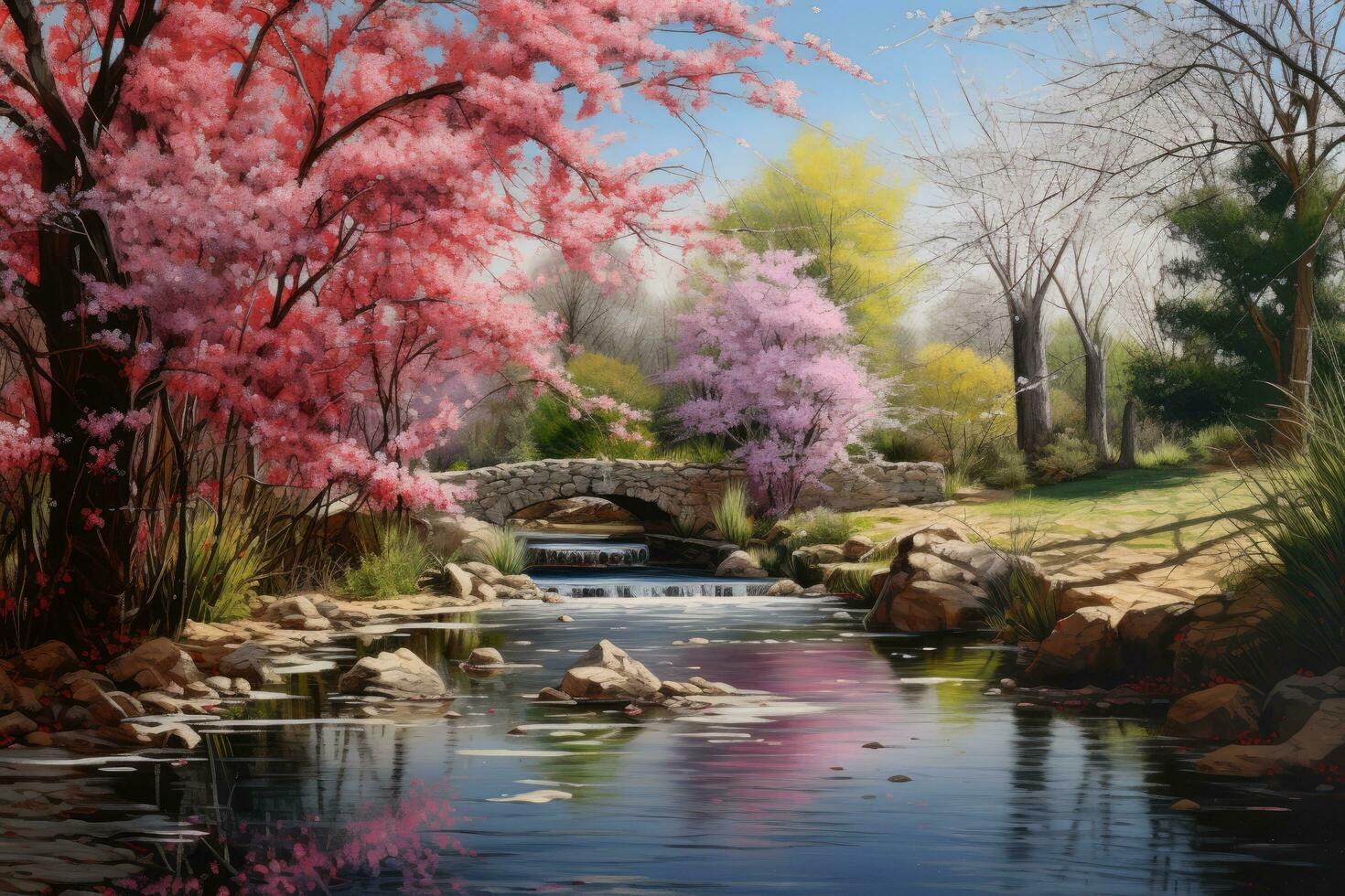 Rosa cereja flores dentro a jardim com uma ponte dentro a fundo, pintura do uma japonês jardim com sakura árvore ultra realista fotorrealista realismo, ai gerado foto