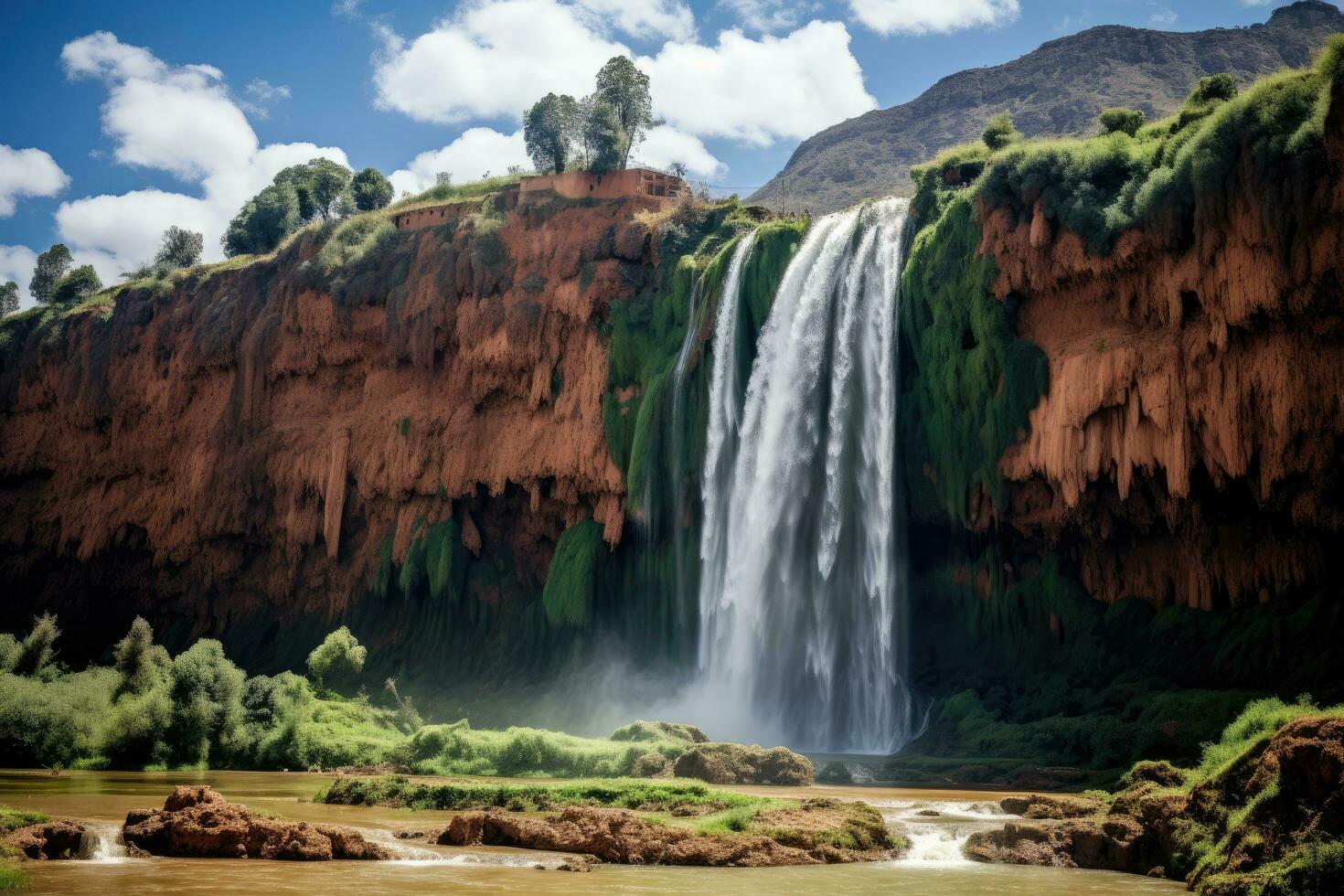 cascata dentro a montanhas do Argentina, sul América. tonificado, Ouzoud cachoeiras, grande Atlas dentro Marrocos, ai gerado foto
