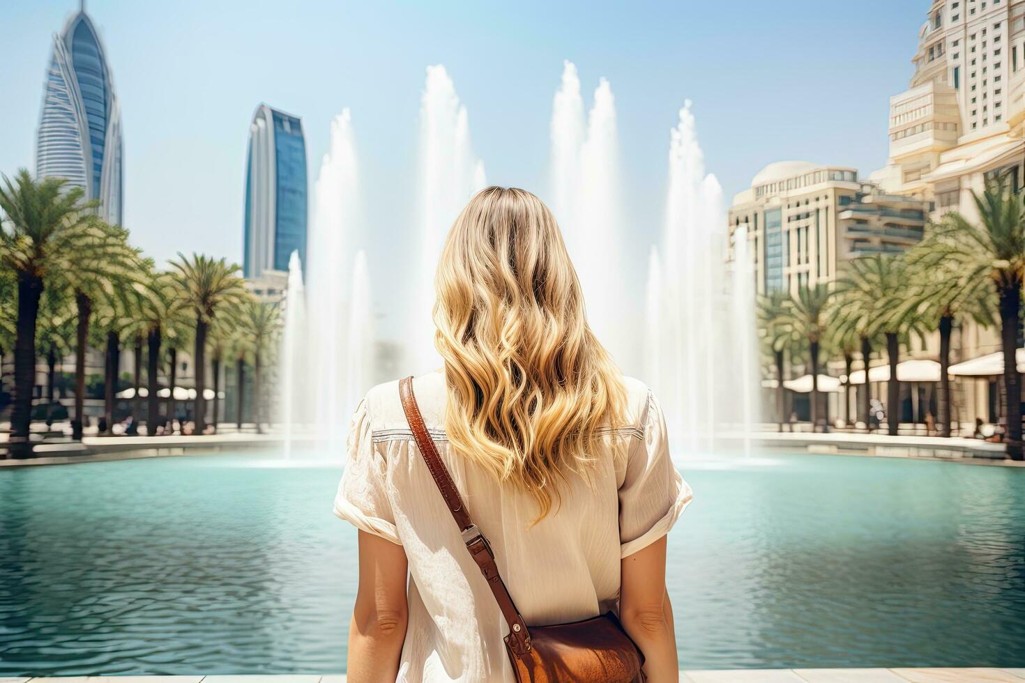 uma jovem Loiras mulher dentro uma branco camiseta com uma mochila é em pé de a fonte dentro dubai, Unidos árabe emirados, feliz turista menina traseiro Visão caminhando perto fontes dentro dubai cidade, ai gerado foto