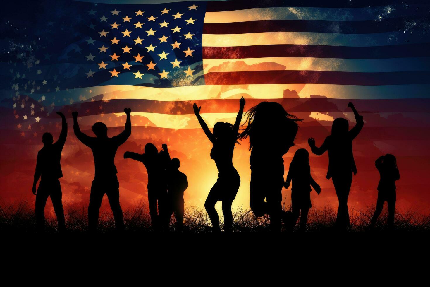 silhueta do uma grupo do pessoas contra a fundo do a americano bandeira, silhueta do rapazes e meninas acenando americano bandeiras, ai gerado foto