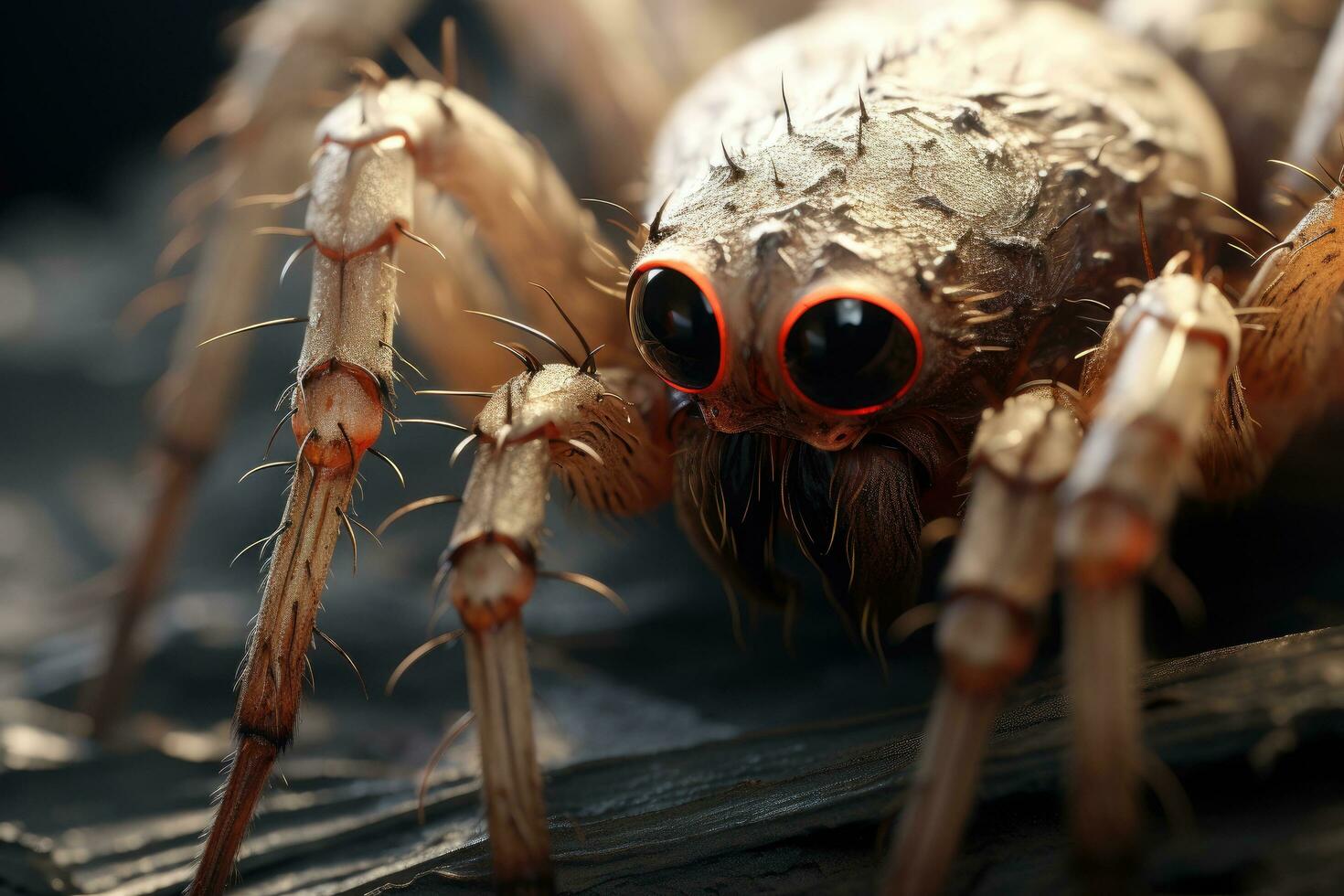 macro foto do uma aranha com vermelho olhos e uma livro dentro a fundo, aranha detalhe, macro lente, Alto detalhes, fotorrealista, cinematográfico luzes, luminoso olho , ai gerado
