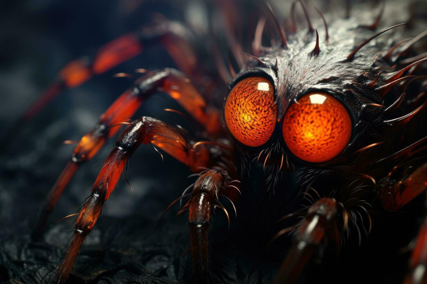 macro tiro do uma aranha com laranja olhos em uma Preto fundo, aranha detalhe, macro lente, Alto detalhes, fotorrealista, cinematográfico luzes, luminoso olho , ai gerado foto