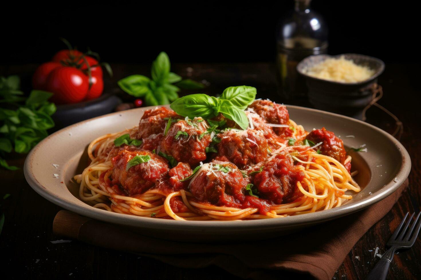 espaguete massa com almôndegas dentro tomate molho e manjericão folhas, espaguete com tomate molho e almôndegas, ai gerado foto