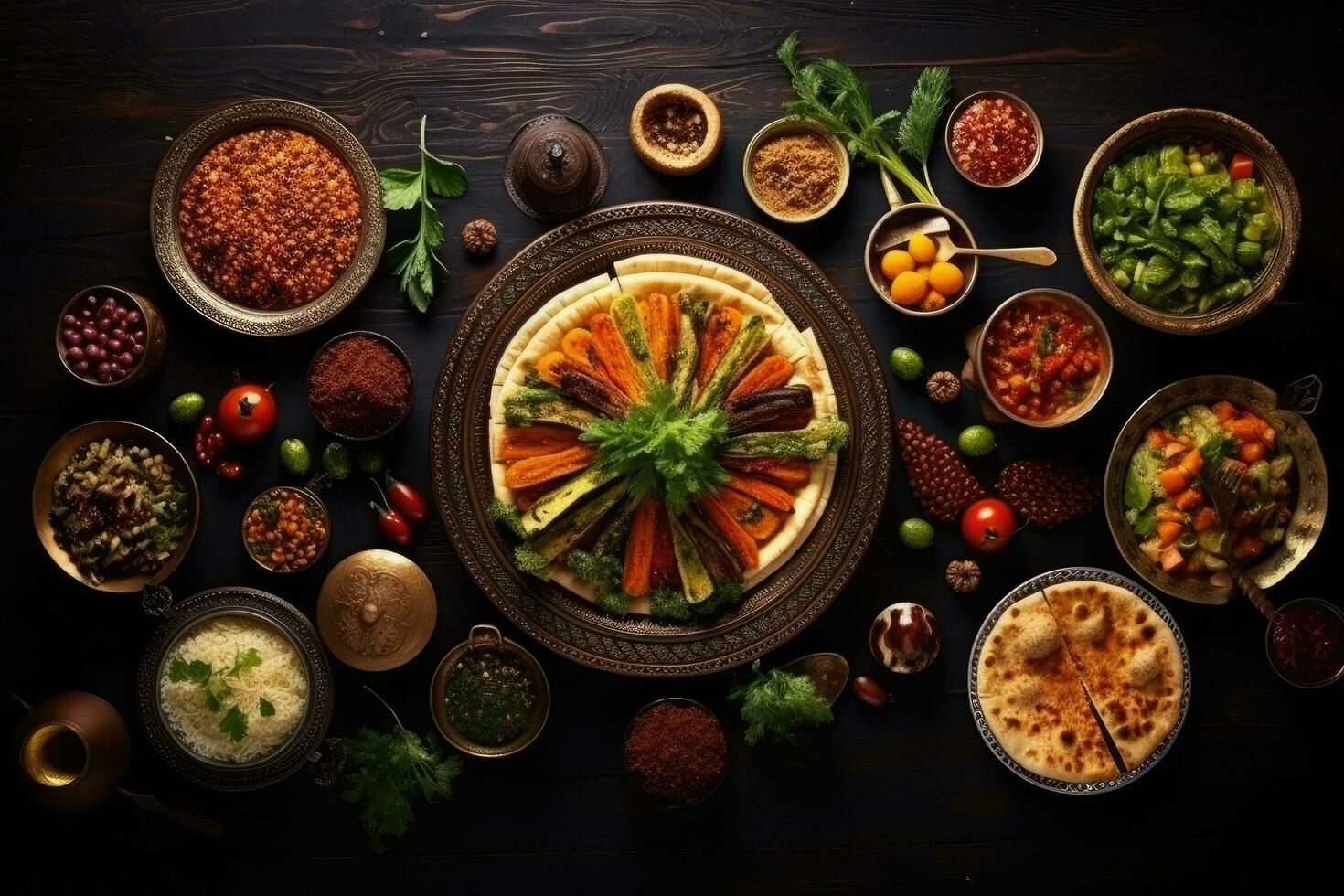 mexicano Comida fundo. topo Visão do tradicional mexicano Comida em de madeira mesa, delicioso Comida para uma Ramadã festa dentro a mesa, topo visualizar, ai gerado foto