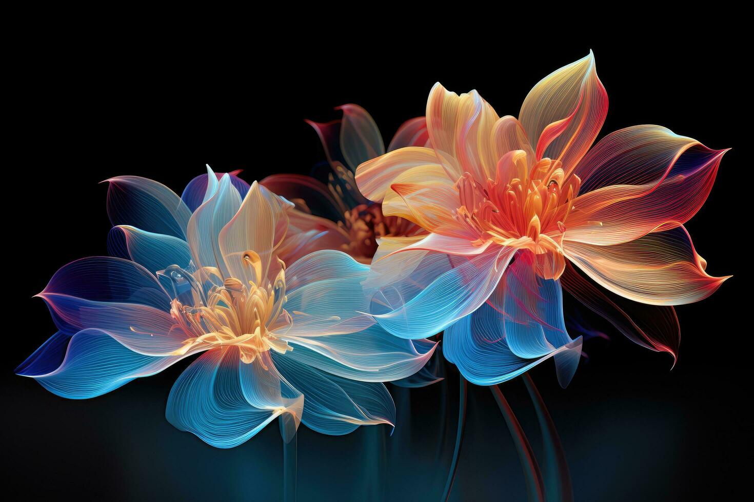 abstrato flores em uma Preto fundo. digital pintura. 3d Renderização, digital tecnologia transparente colorida flores abstrato gráficos, ai gerado foto