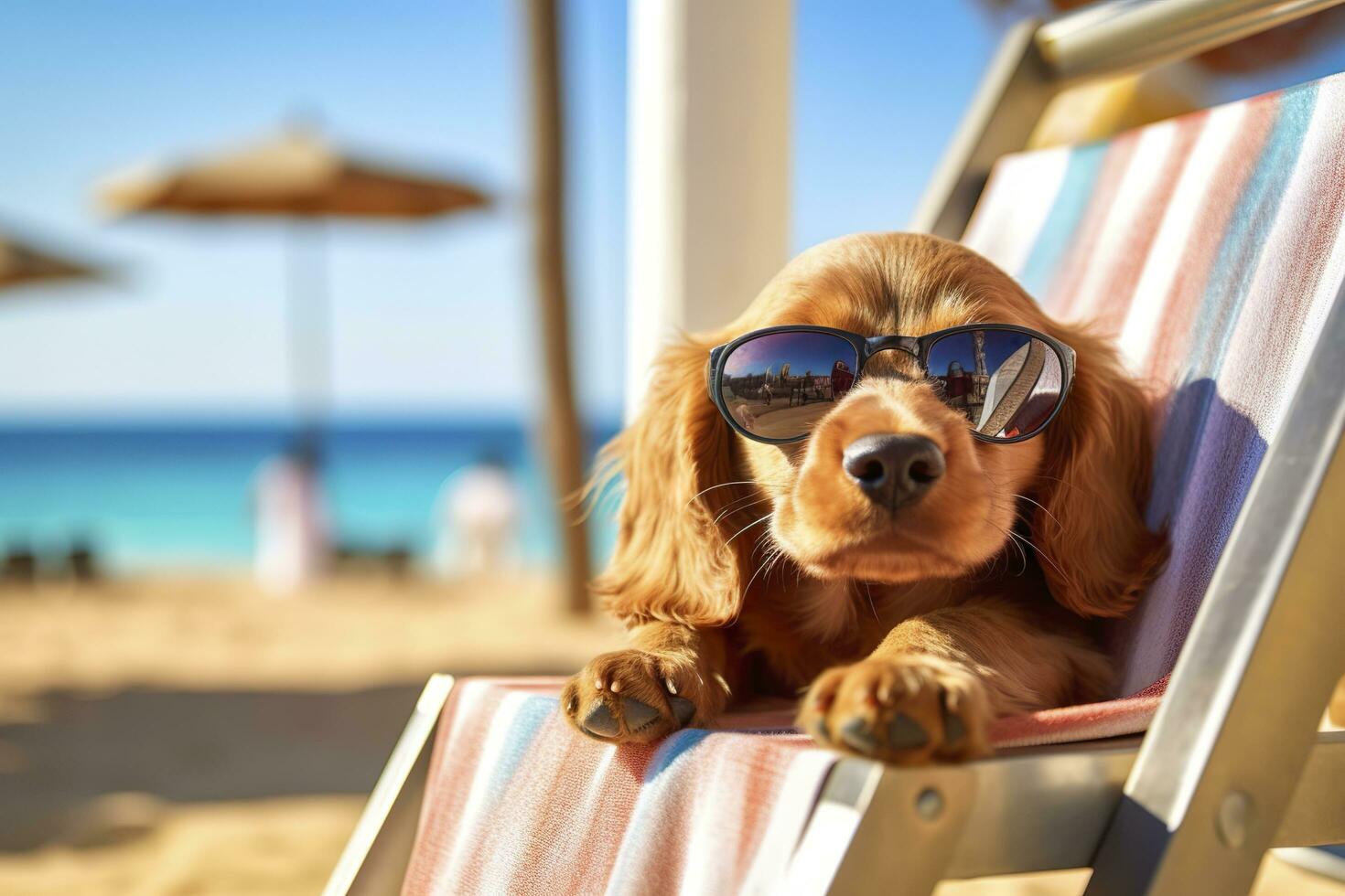 cachorro cachorro vestindo oculos de sol, deitado em uma espreguiçadeira para banho de sol às a de praia mar em verão férias, feriados. engraçado conceito. ai generativo foto